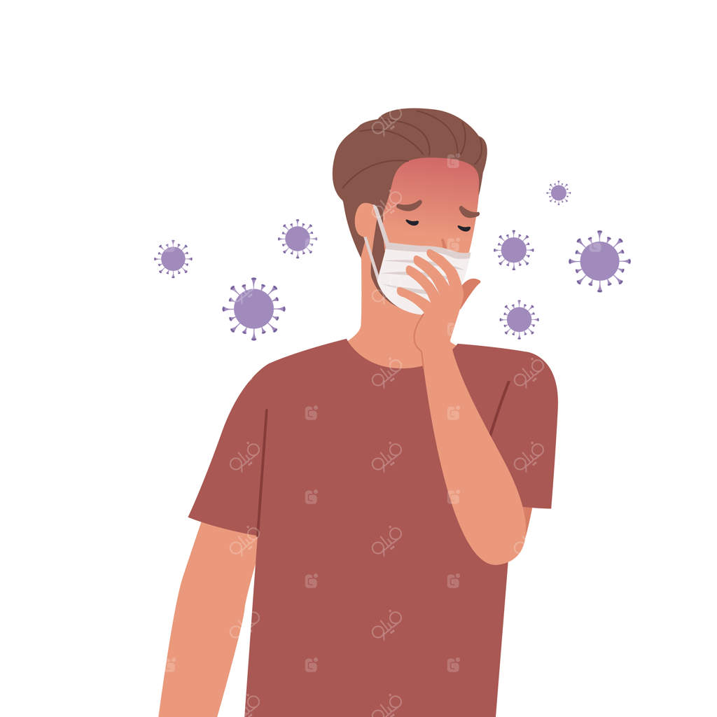 پخش ویروس‌ها در هوا: مردی با ماسک در حال سرفه (تصویرسازی به سبک ساده)