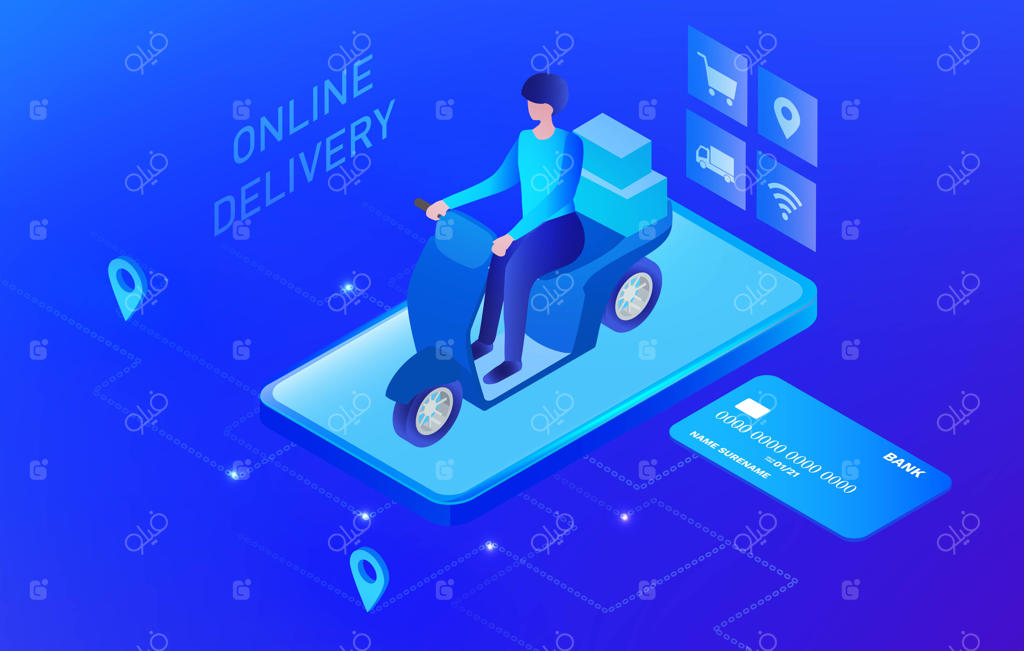 مفهوم تحویل آنلاین: پیک در حال حمل محصولات