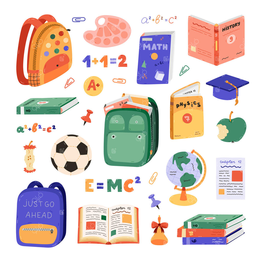 مجموعه بزرگ کارتونی بازگشت به مدرسه با لوازم مدرسه کودکان. عناصر دستی نقاشی شده شامل کیف مدرسه، کتاب درسی، کره زمین، لوازم‌التحریر، توپ فوتبال. کلیپ‌آرت کودکانه برای مطالعه، نقاشی و کار، طراحی شده بر روی زمینه سفید.