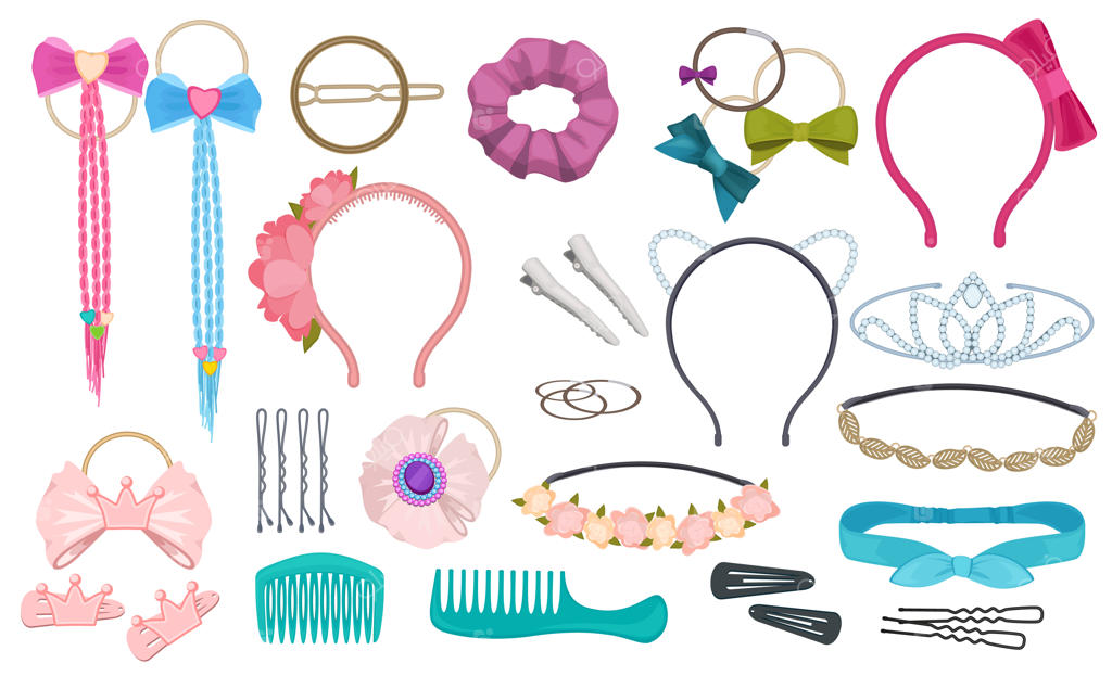 اکسسوری‌های مو: کلیپس‌ها، پاپیون‌ها، تل‌ها و روبان‌های کارتونی شیک برای دختران. تصویر: کش مو، هدبند، شانه و تزئینات حلقه‌ای