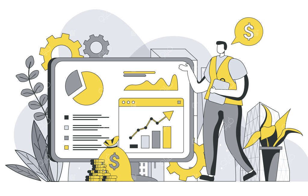 مفهوم آمار کسب‌وکار به همراه صحنه‌ای از افراد - مردی در حال تحلیل داده‌ها و نمایش گزارش مالی