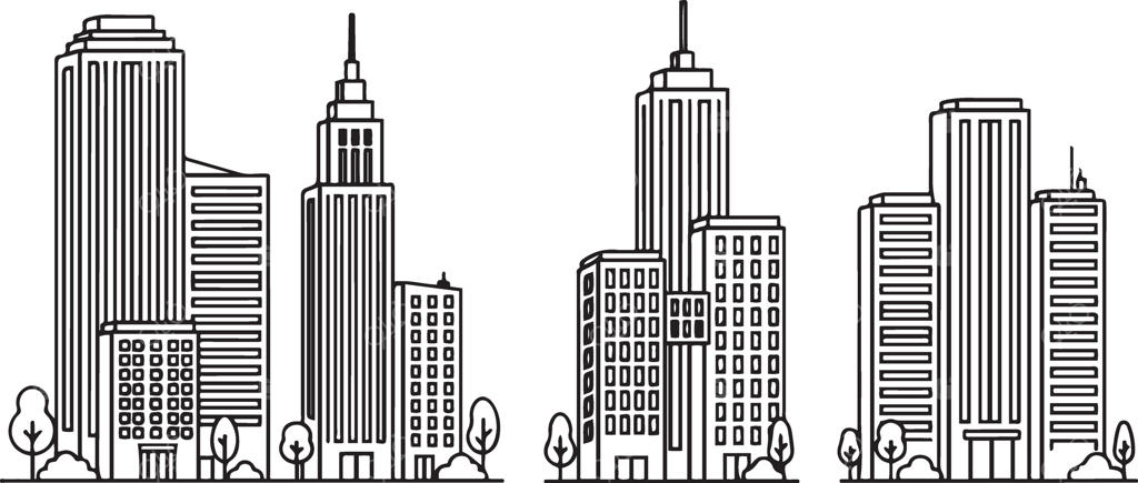 تصاویر ساختمان‌های شهری با درختان و بوته‌ها و معماری آسمان‌خراش‌ها