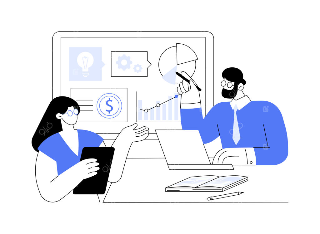 تصویرسازی وکتور کارتونی از ارائه طرح کسب‌وکار؛ زنی در حال ارائه برنامه جدید به مدیر، فرآیند طوفان فکری، بحث درباره استارتاپ، همکاری و ارتباطات.