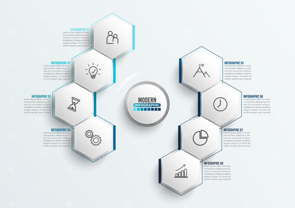 پترن اینفوگرافیک وکتور با برچسب کاغذی سه‌بعدی و دایره‌های یکپارچه.