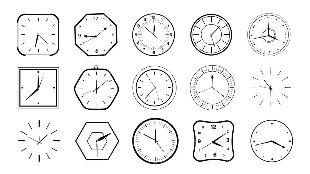 مجموعه اجزای ساده ساعت: مجموعه‌ای از صفحه‌های کلاسیک و قدیمی ساعت با عقربه‌ها و اعداد، در اشکال دایره‌ای و مربعی از کرونومترهای آنالوگ که زمان‌های مختلفی را نشان می‌دهند. تصویرسازی.