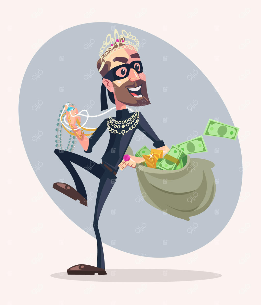 تصویر کاراکتر دزد که پول و جواهرات می‌دزدد، به سبک کارتونی