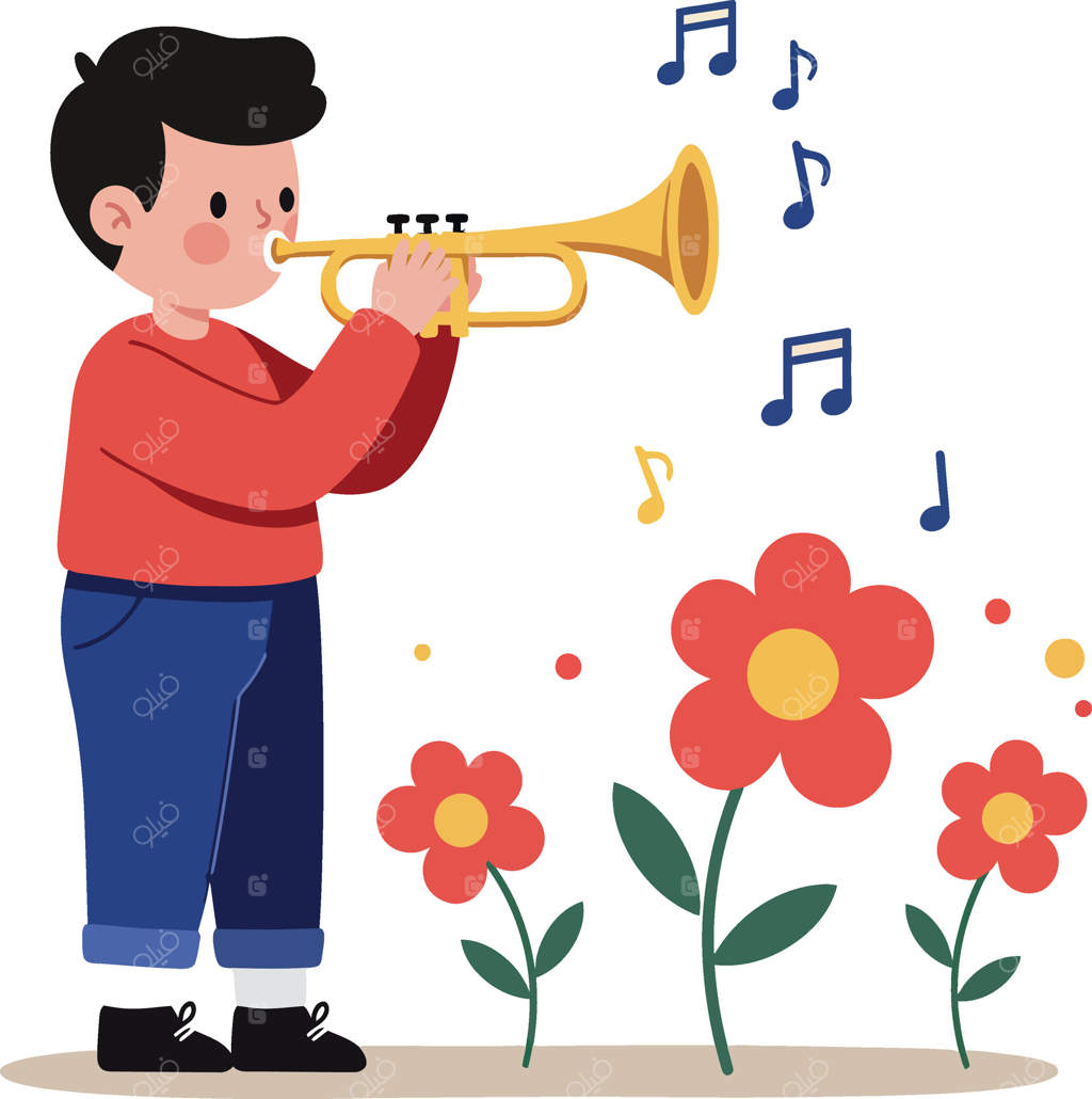 پسرک در حال نواختن ترومپت در باغی پر از گل‌های رنگارنگ، حال و هوای شاد، نقاشی ساده