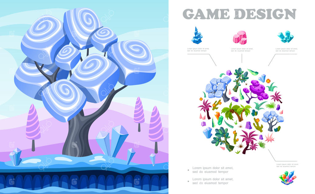 ترکیب بندی مناظر بازی رنگارنگ با صحنه‌ای خیالی از طبیعت شامل درختان، نخل‌ها، کاکتوس‌ها، بوته‌ها، گیاهان و بلورها و سنگ‌های معدنی