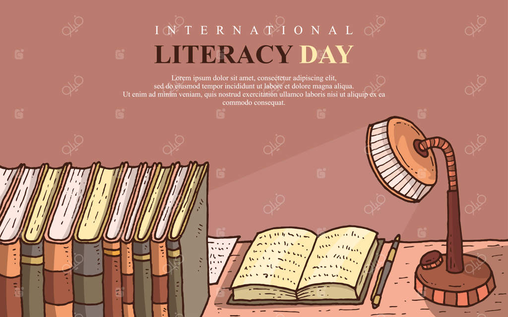 بنر روز جهانی سوادآموزی با تصویر کتاب و چراغ مطالعه
