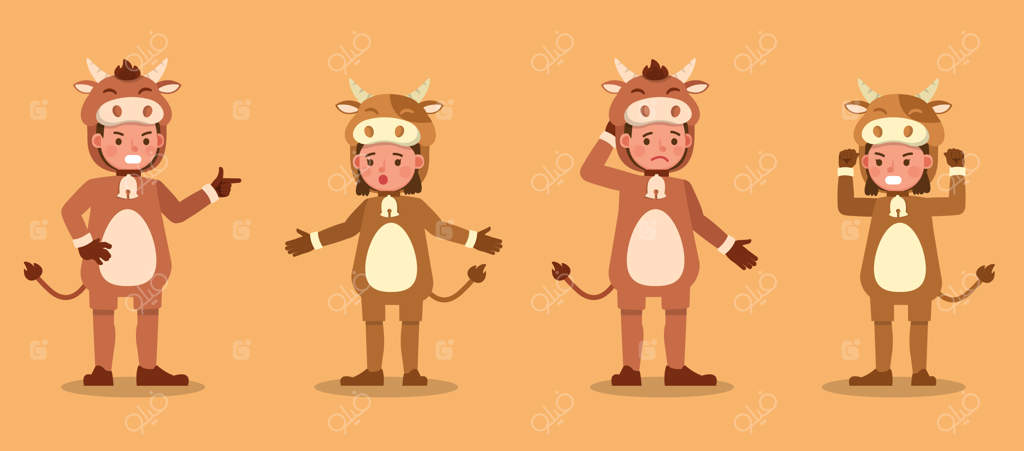 پسر و دختر با لباس‌های گاوی: نمایش شخصیت‌ها در حالات و احساسات مختلف