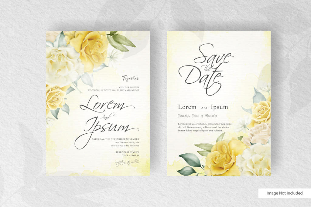 قالب کارت عروسی مینیمالیستی با طراحی گل‌های واقعی به سبک آبرنگی