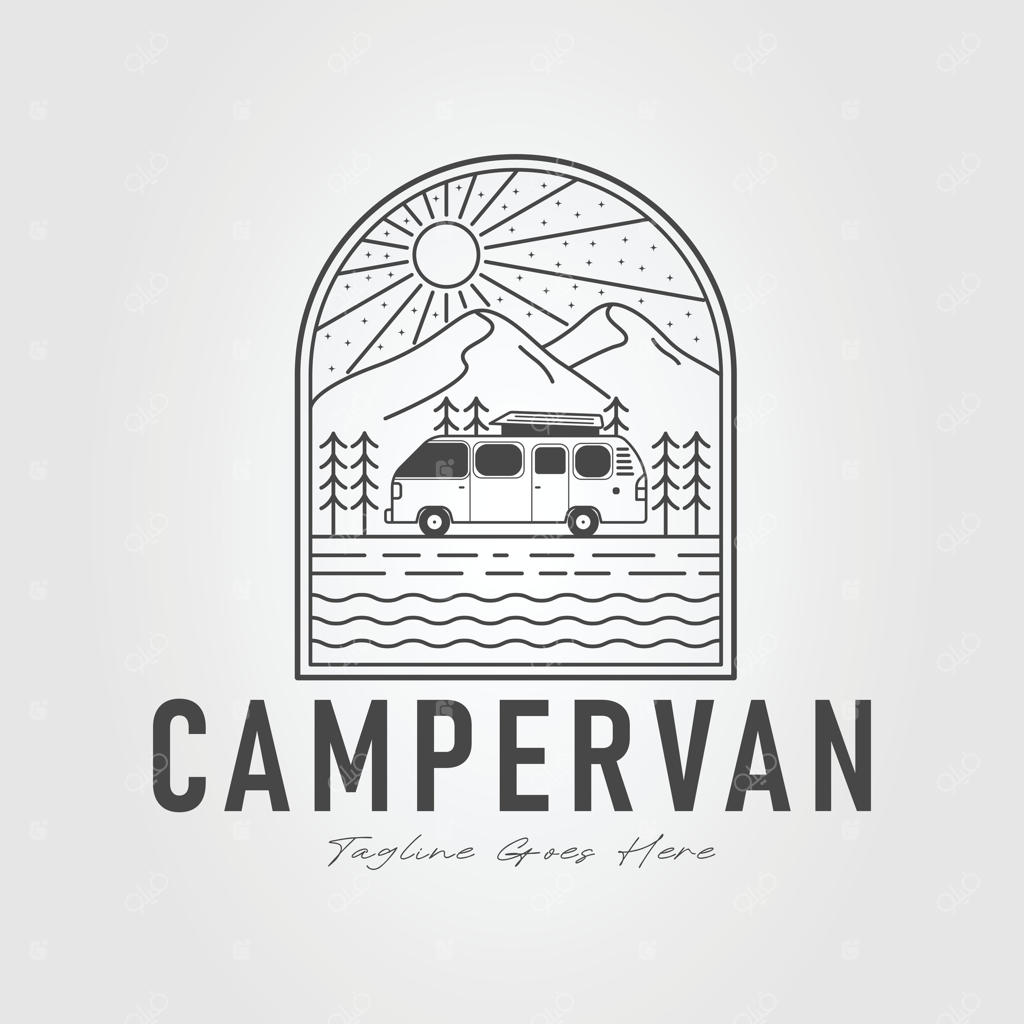 ماجراجویی با لوگوی ون کمپر - طراحی نماد کمپینگ با خودرو