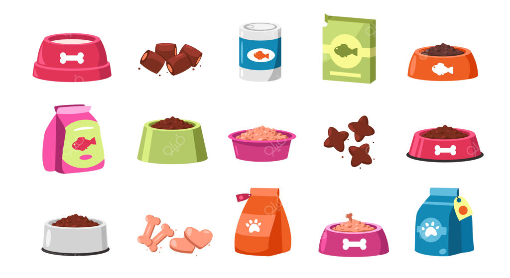 غذای حیوانات خانگی: وعده‌های خشک برای گربه‌ها و سگ‌ها با طراحی کارتونی، کاسه‌ها و بسته‌های رنگارنگ، ظروف غذای حاوی تشویقی‌ها برای حیوانات خانگی - مجموعه‌ای از طرح‌های وکتوری