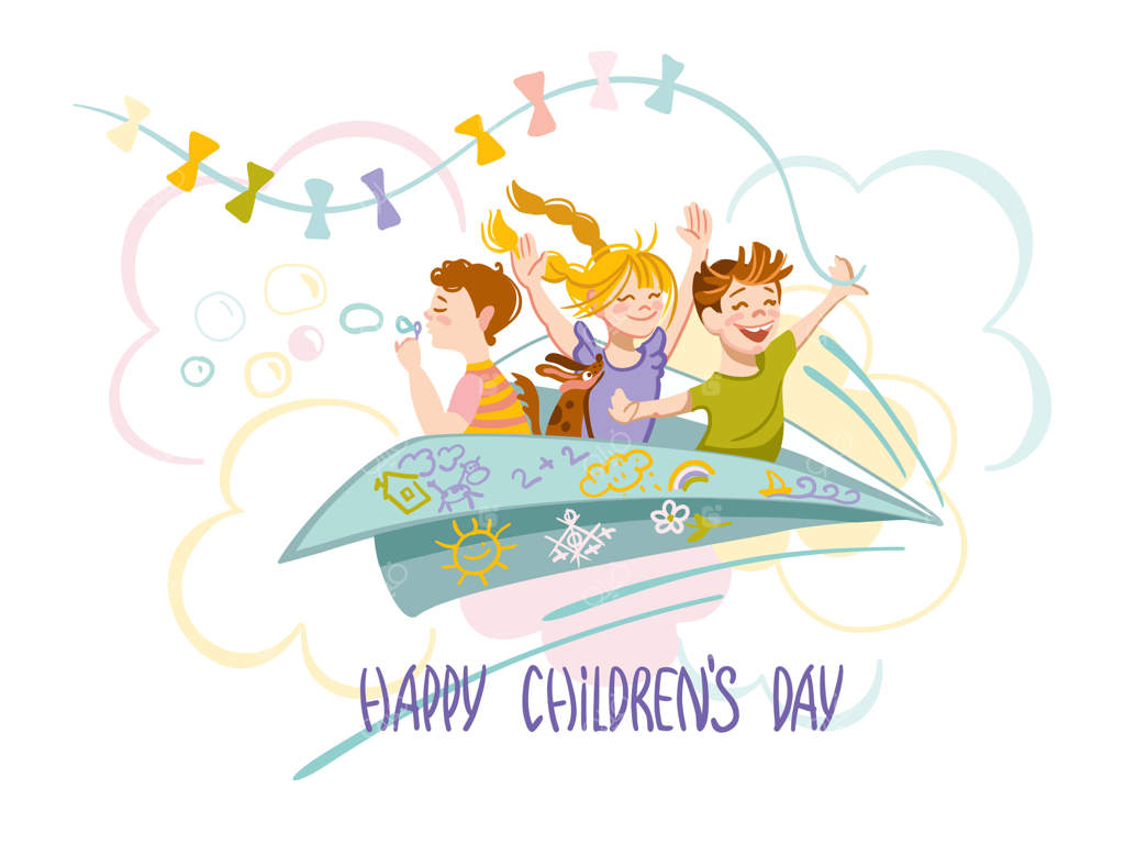 بچه‌ها سوار هواپیمای خیالی در روز کودک - تصویرسازی وکتور