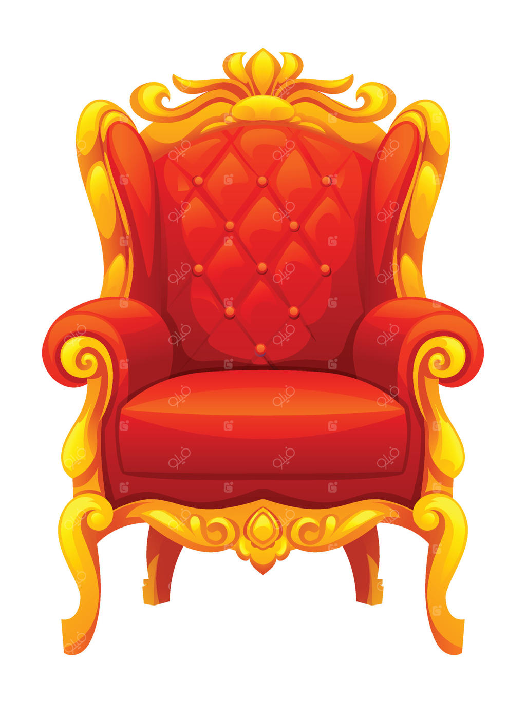 صندلی تاج و تخت سلطنتی کلاسیک با رنگ قرمز و طلایی و پشتی پر تزئینات. تصویر کارتونی