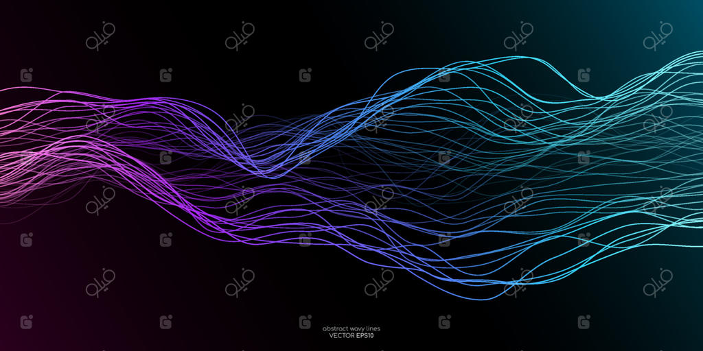وکتور خطوط موج‌دار و پویای رنگارنگ (بنفش، آبی و سبز) در پس‌زمینه مشکی با مفهوم فناوری هوش مصنوعی، دیجیتال، ارتباطات، علم و موسیقی
