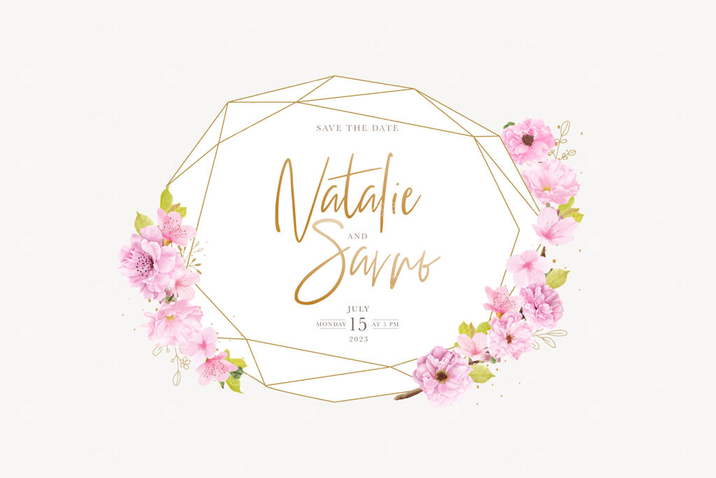 طراحی قاب طلایی با شکوفه‌های گیلاس آبرنگی