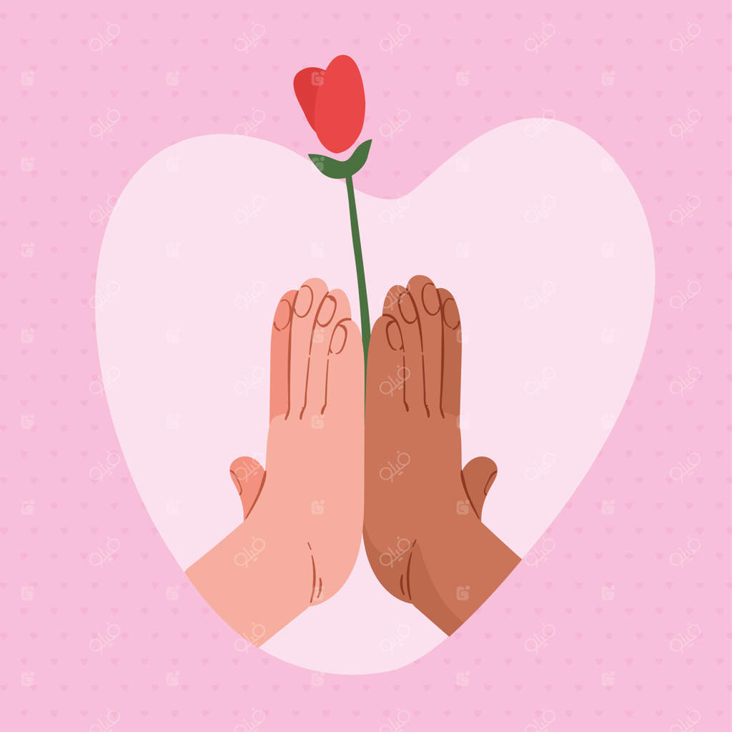 دست‌های عشق بین‌نژادی با گل رز