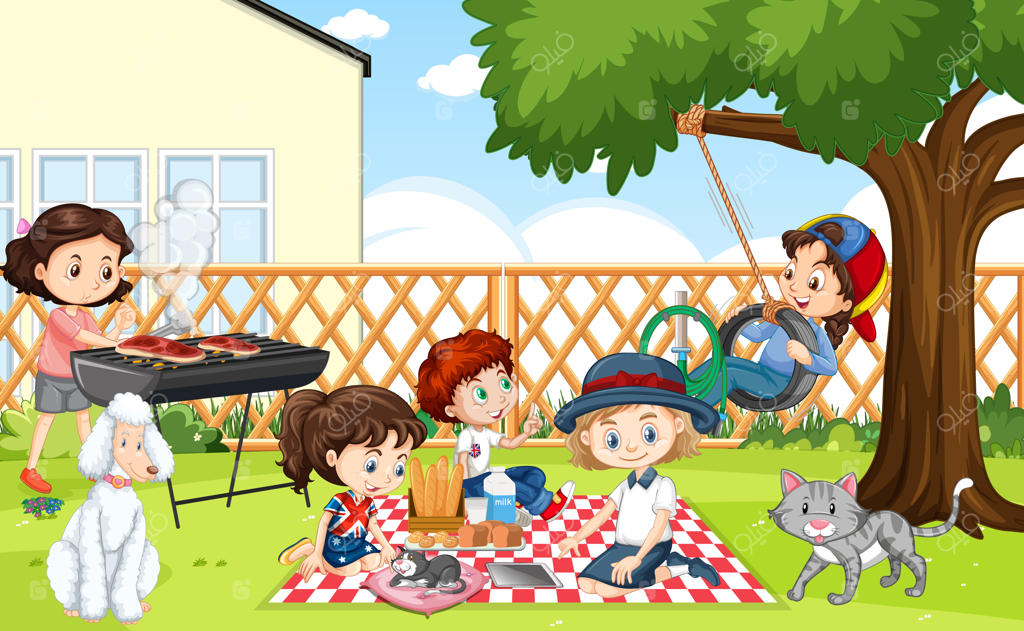 صحنه‌ای از حیاط پشتی با بچه‌ها و حصار