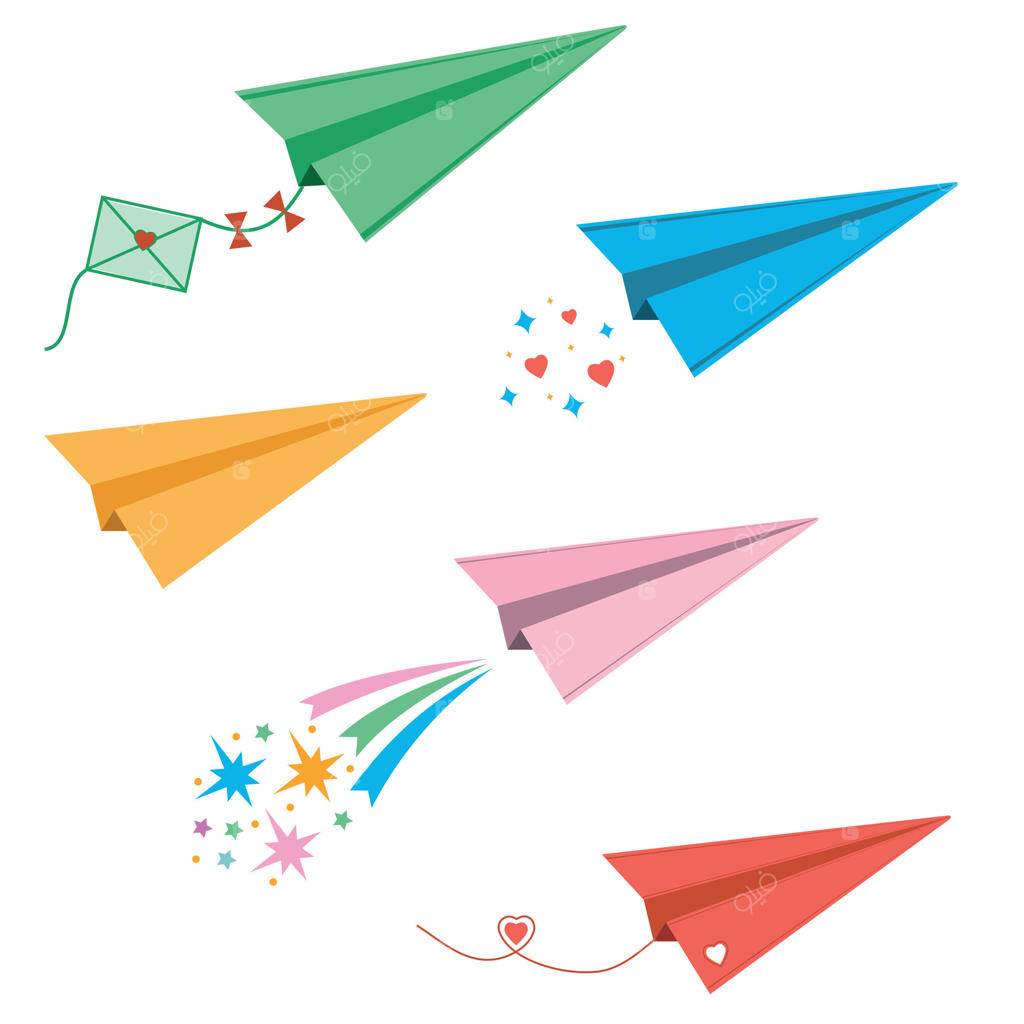 مجموعه‌ای از هواپیماهای کاغذی رنگی به سبک کارتون، تصویرسازی بر روی پس‌زمینه‌ی سفید