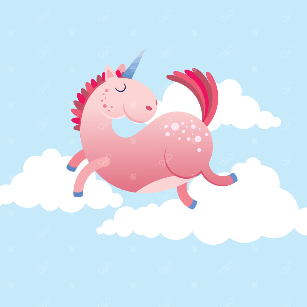 یونیکورن صورتی خیالی در میان ابرها می‌دود - طراحی چاپ برای لباس کودک با وکتور رنگارنگ