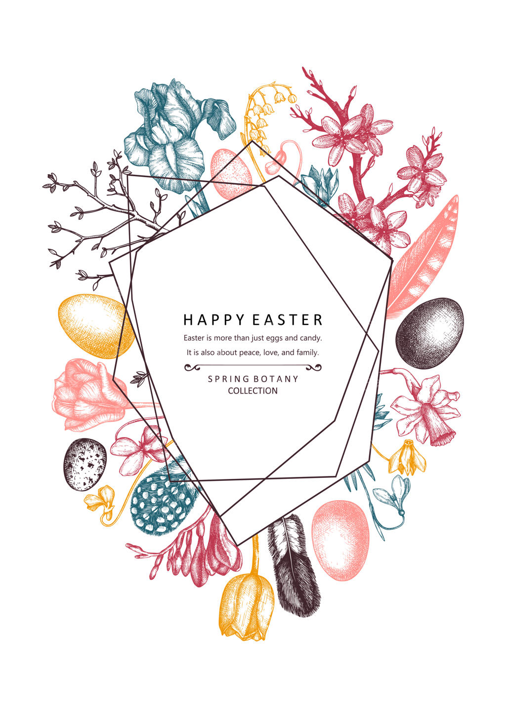 روز شادی‌بخش عید پاک. عناصر انتزاعی مدرن برای طراحی بنر بهاری، کارت تبریک یا دعوتنامه. تصاویر بهاری دست‌ساز. قالب عید پاک قدیمی بر روی زمینه سفید.