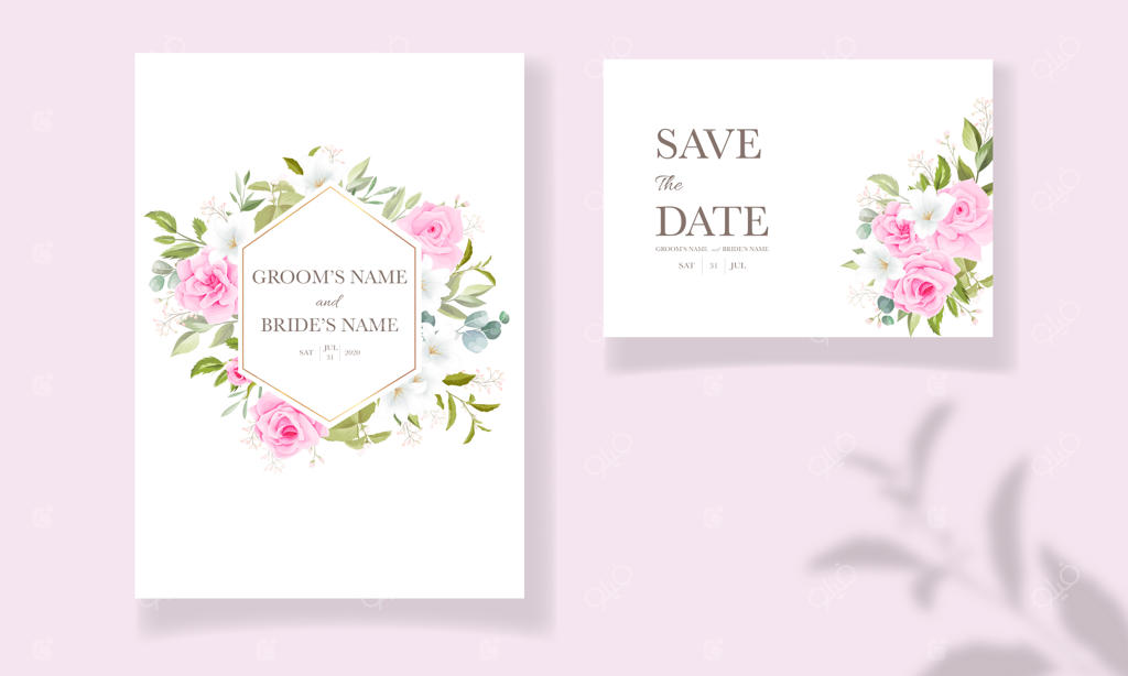 مجموعه قالب دعوتنامه عروسی زیبا با قاب گل‌های صورتی ملایم و تزیین حاشیه‌ای