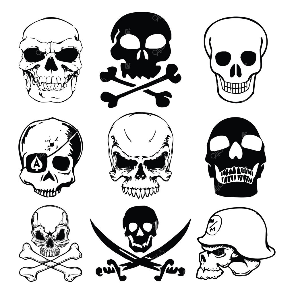 مجموعه وکتور جمجمه و استخوان؛ تصویرسازی سیاه و سفید