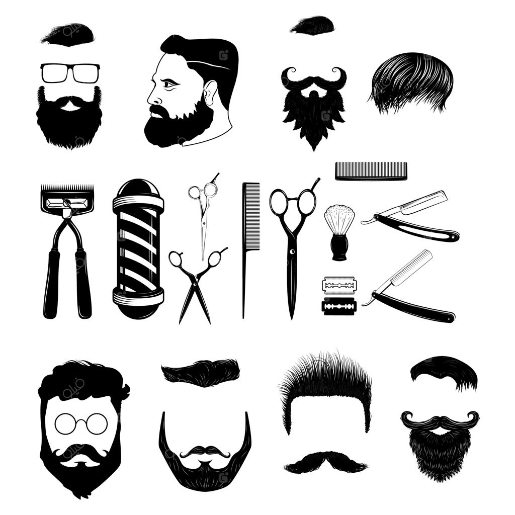 مجموعه آیکون‌ها و المان‌های طراحی تک‌رنگ و وینتیج آرایشگاه با پس‌زمینه سفید