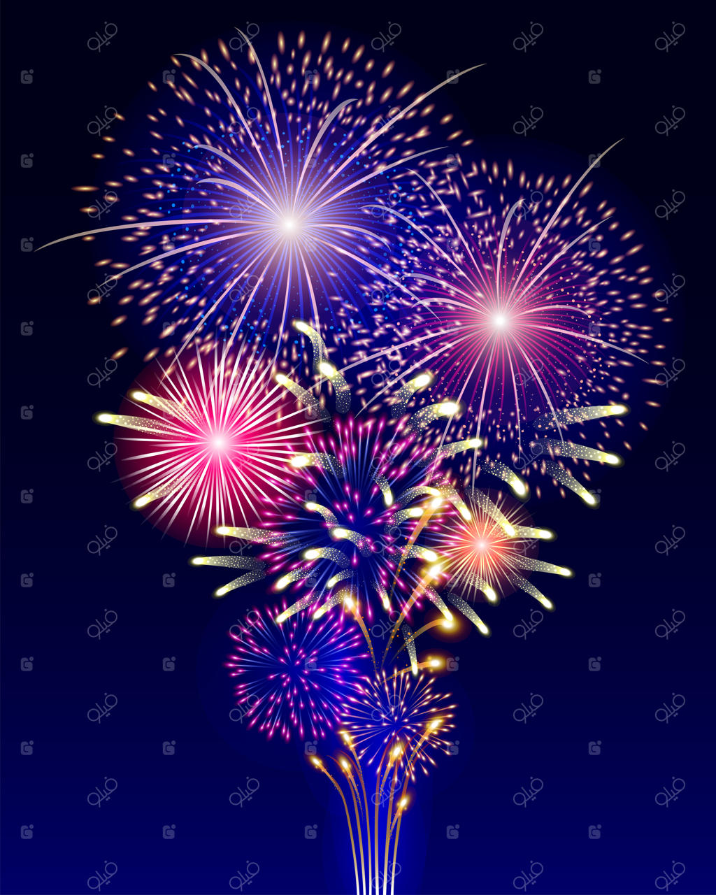 آتش‌بازی رنگارنگ در پس‌زمینه آبی تیره