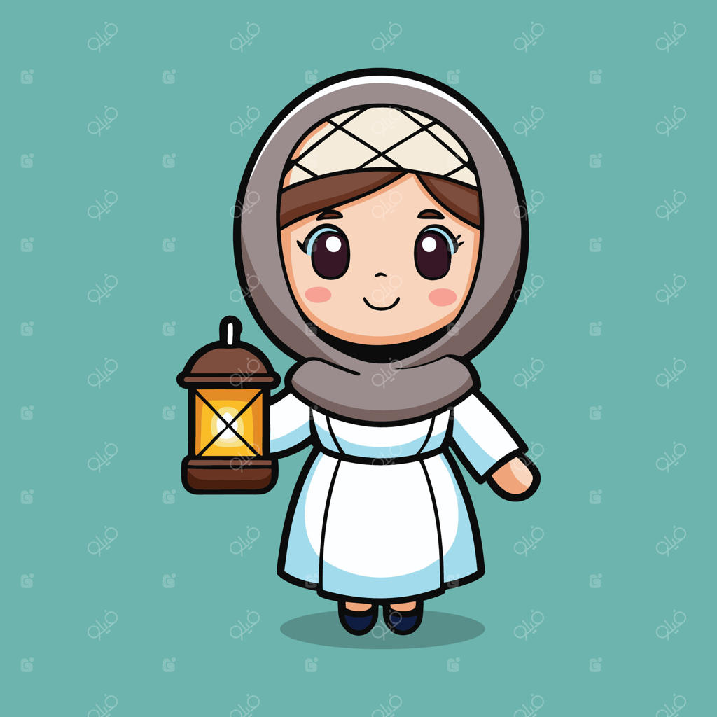 تصویر کارتونی دختربچه مسلمانی که فانوس در دست دارد