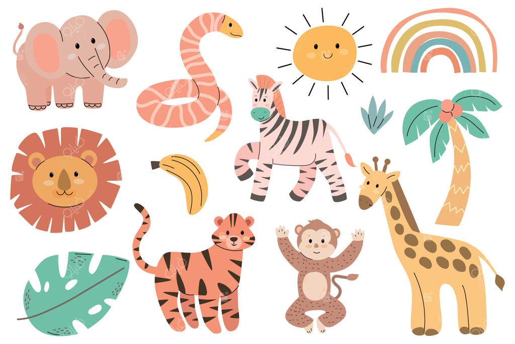 حیوانات کارتونی رنگارنگ شامل فیل، شیر، گورخر، ببر، میمون و زرافه، همراه با خورشید، رنگین‌کمان و گیاهان گرمسیری.
