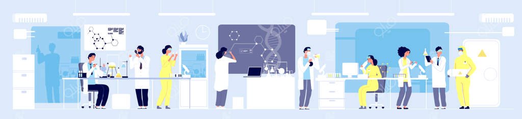 آزمایشگاه تحقیقات علمی: دانشمندان حرفه‌ای و محققان شیمی در حال کار با تجهیزات آزمایشگاهی. مفهوم مهندسی مولکولی به صورت برداری