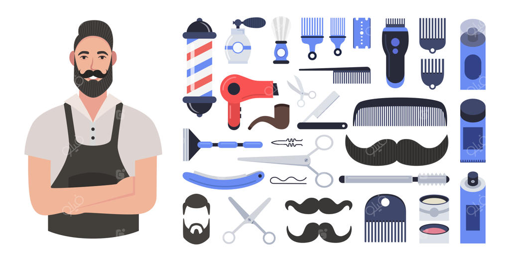 آرایشگر ریش‌دار با استایل هیپستر و ترکیب مجموعه آیکون‌های آرایشگاه مردانه