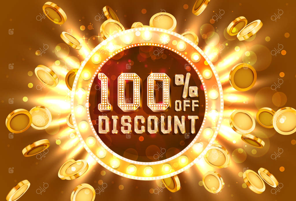 بنر متنی تخفیف 100 درصدی قاب طلایی. انفجار پول و طلا. تصویر وکتور