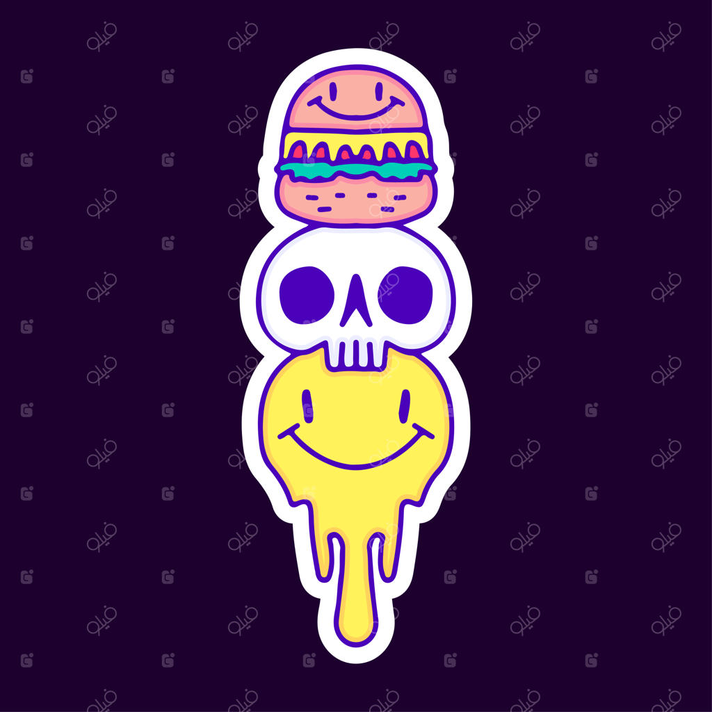 کارتون اموجی برگر، جمجمه، و لبخند ذوب شده - طراحی برای تی‌شرت و برچسب.