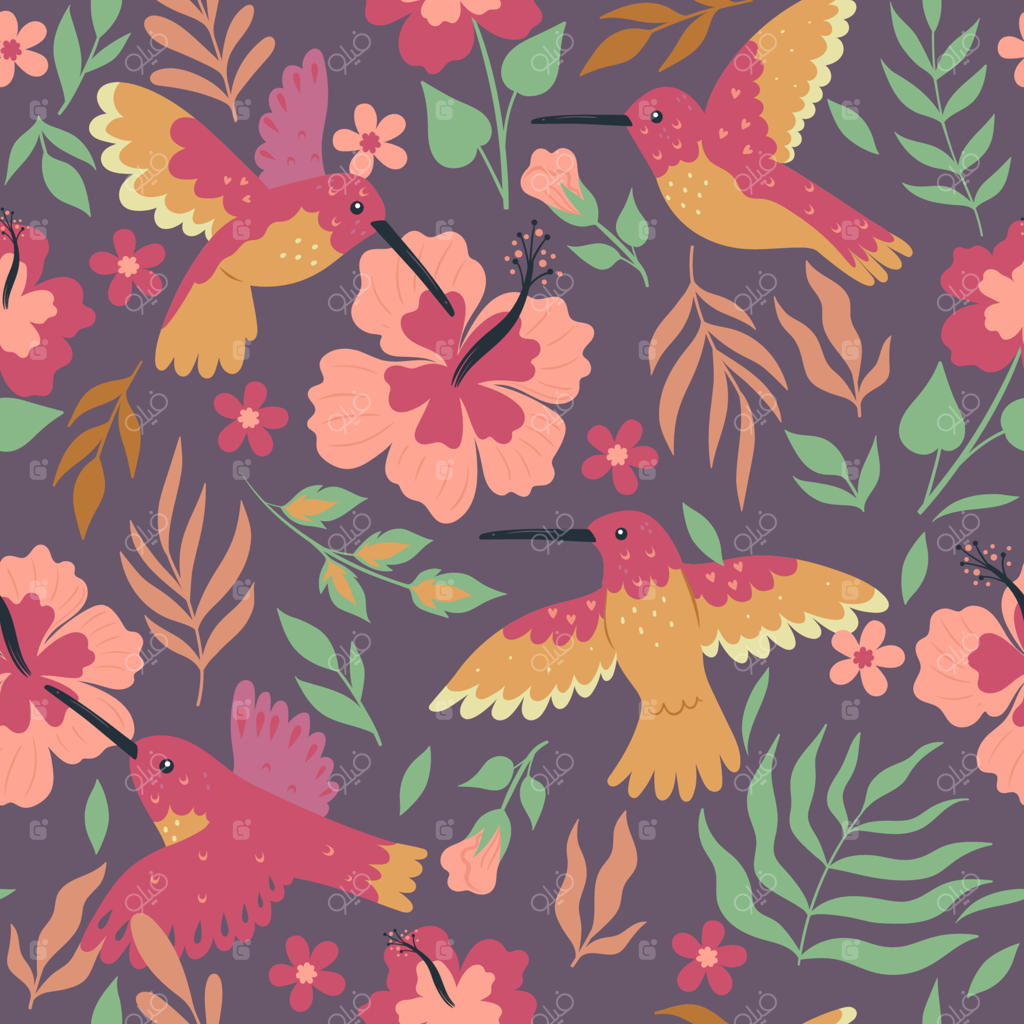 پترن یکپارچه با مرغ‌های مگس‌خوار و گل ختمی. گرافیک برداری.