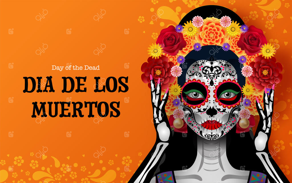 روز مردگان: جمجمه شکری با گل‌های همیشه‌بهار