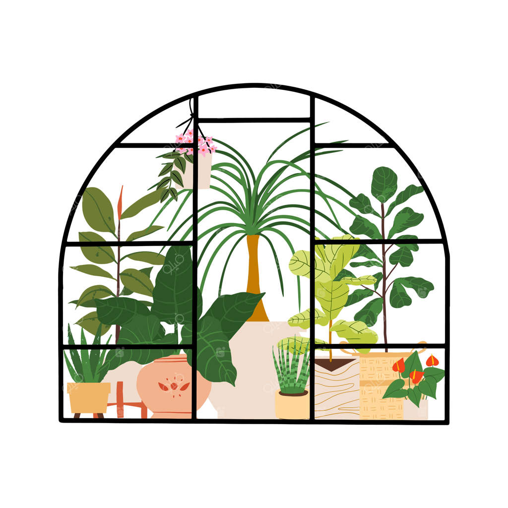 تصویرسازی گلخانه شیشه‌ای با گل‌ها، گیاهان گلدانی و سبزیجات آویزان بر روی ریسمان‌ها، ایده‌آل برای طراحی فضای باغبانی خانگی و باغ گیاه‌شناسی.