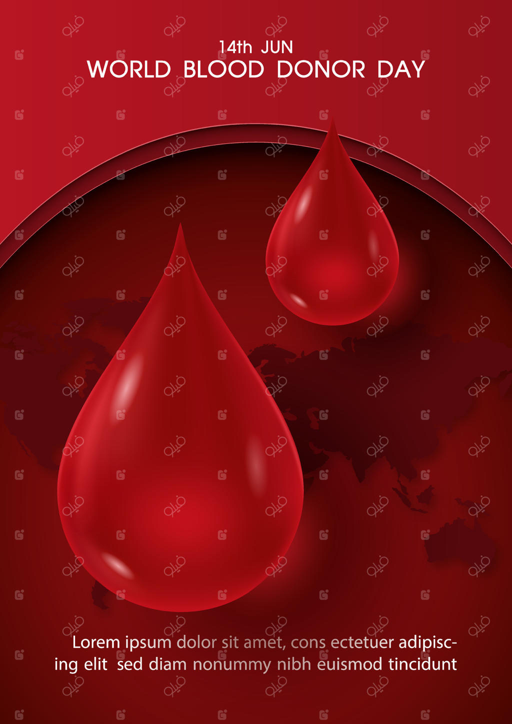 پوستر تبلیغاتی روز جهانی اهدای خون با سبک کاغذی - طرح قطره خون در کلمات شیشه‌ای رویداد با متون نمونه بر روی نقشه جهان و پس‌زمینه قرمز.