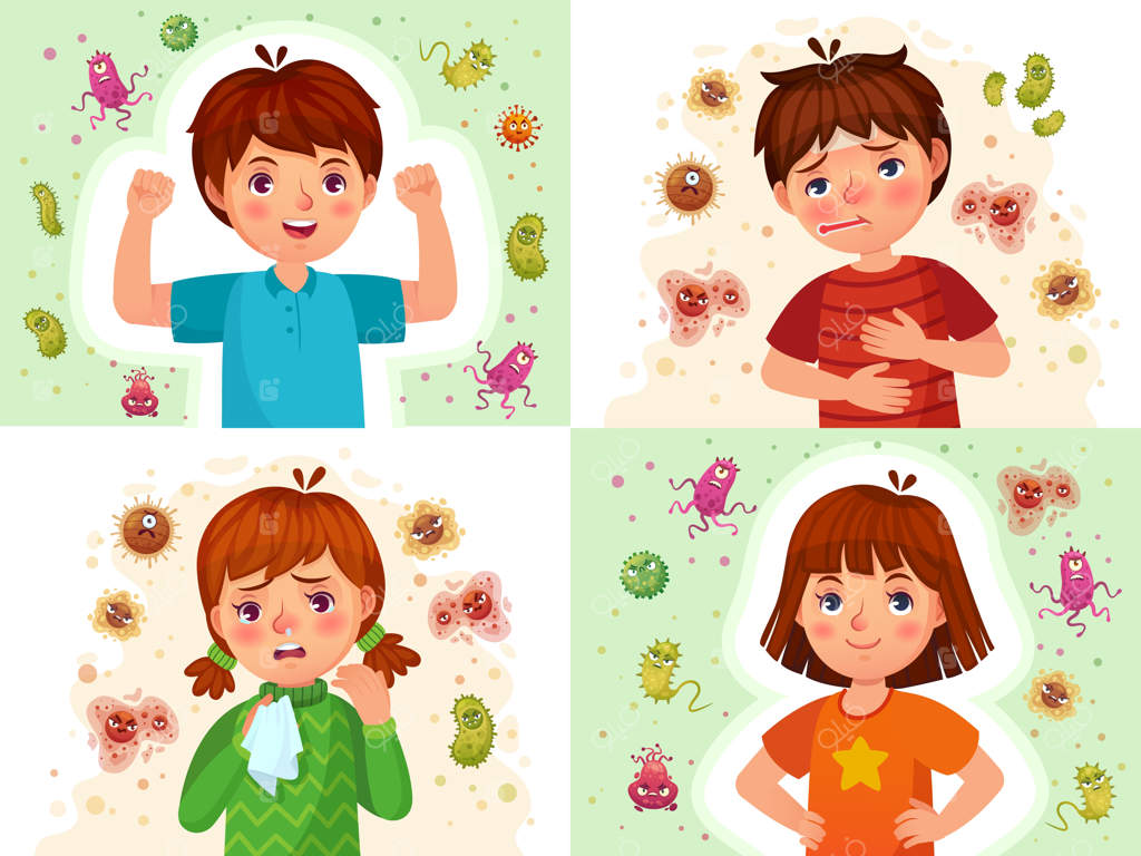 سیستم ایمنی کودکان: مجموعه‌ای از تصویرسازی‌های کارتونی برای کودکان سالم و بیمار و دفاع ایمنی بدن آنها، محافظت در برابر ویروس‌ها و باکتری‌ها.