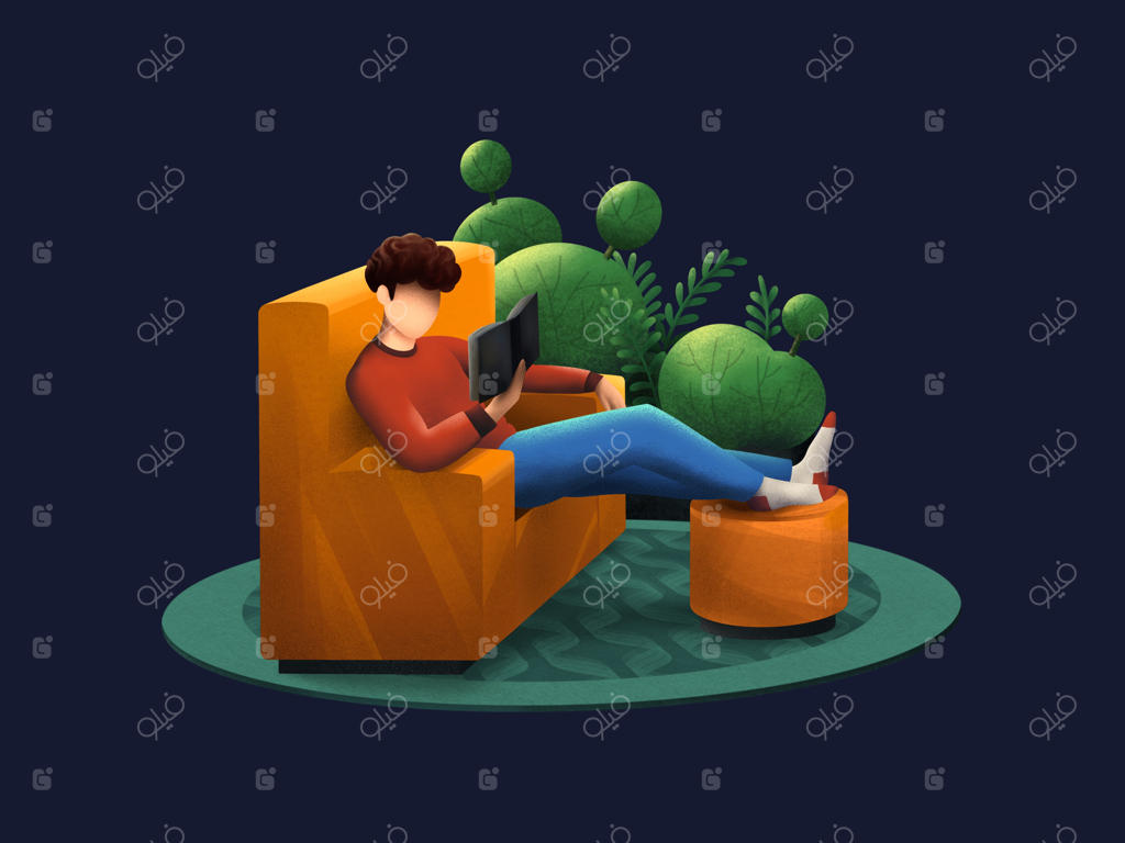 تصویرسازی پسر در حال استراحت و کتاب خواندن روی مبل