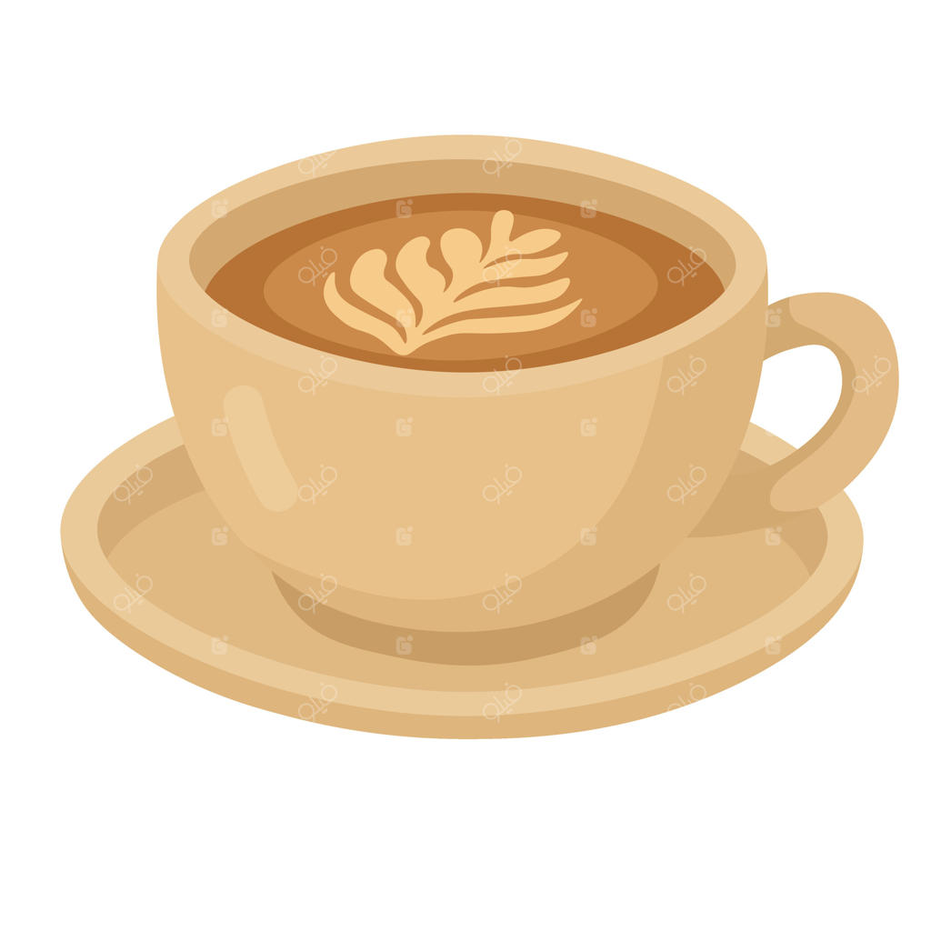 فنجان قهوه با لاته آرت روی نعلبکی، کلیپ‌آرت دنج برای طراحی‌های کافه و صبحانه.