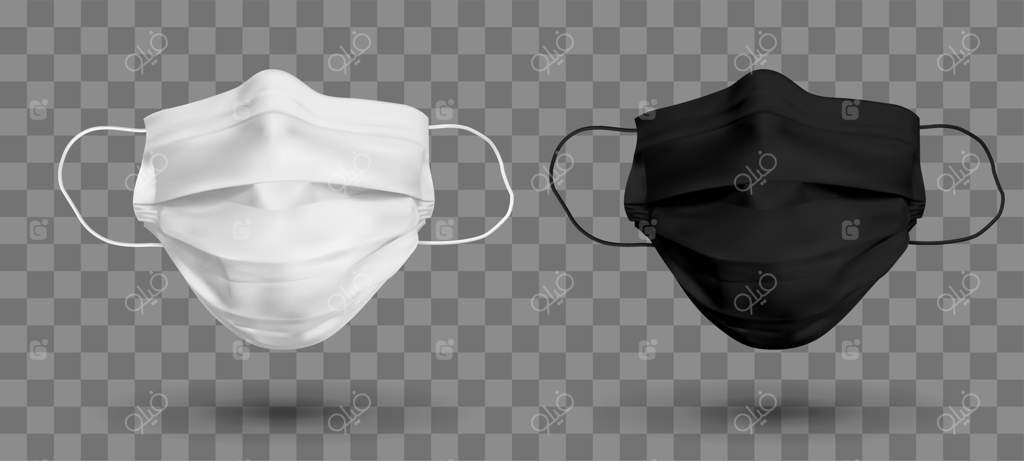 ماسک محافظ صورت سیاه و سفید یا ماسک پزشکی: محافظت در برابر ویروس کرونا و عفونت. ماسک پزشکی بر روی پس‌زمینه شفاف. تصویر واقعی‌گرایانه
