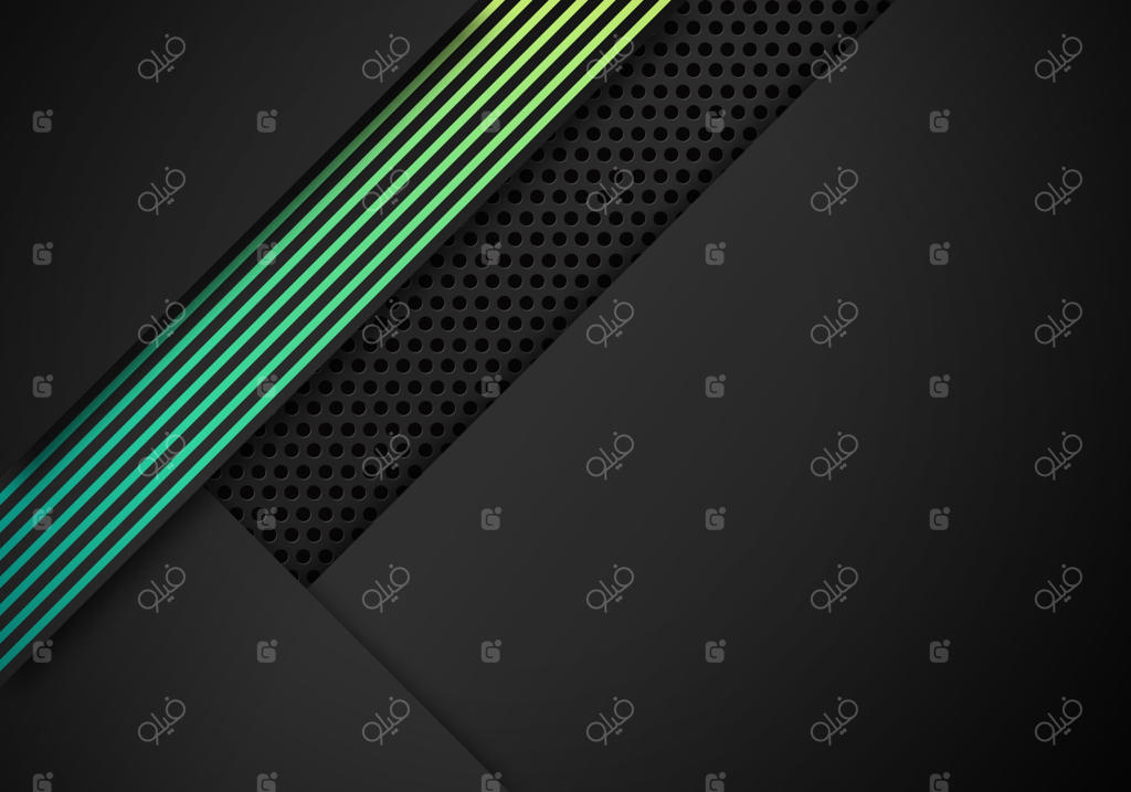 پس‌زمینه انتزاعی تیره با لایه‌های همپوشان و خطوط تزئینی آبی و سبز