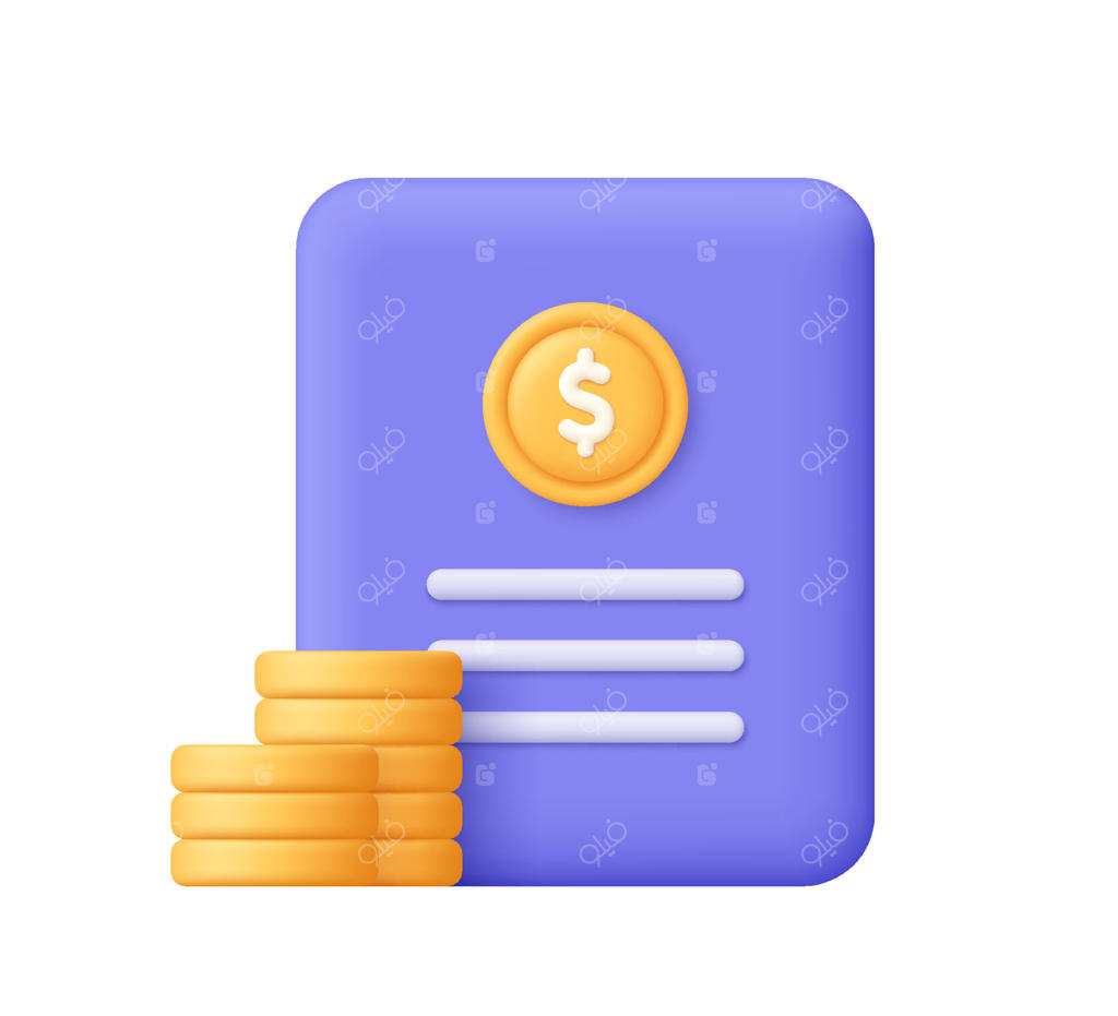 سند یا گزارش مالی با نماد سکه طلا و دسته‌ای از سکه‌ها. مفاهیم مالی، حسابداری، بودجه‌بندی و سرمایه‌گذاری. آیکون سه‌بعدی به سبک کارتون مینیمال.