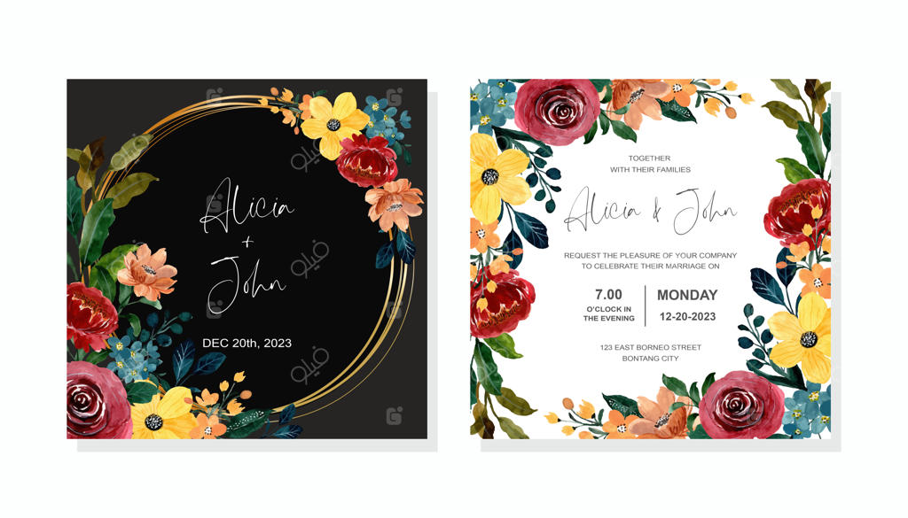 کارت دعوت عروسی با طراحی آبرنگی و گل‌های رنگارنگ