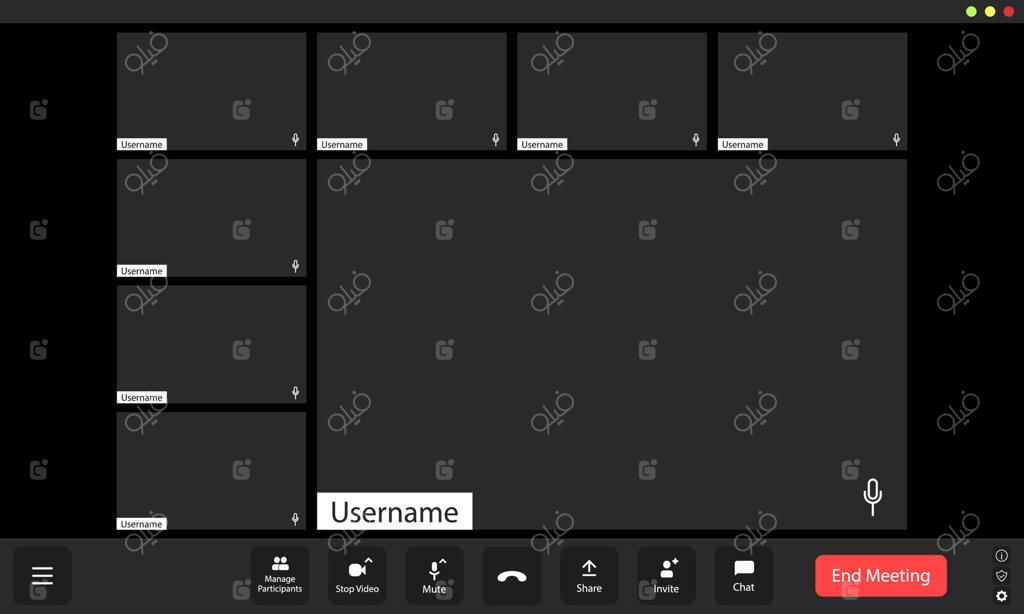 فضای جلسه مجازی با کادرهای خالی و صفحه چت در یک گردهمایی دیجیتال