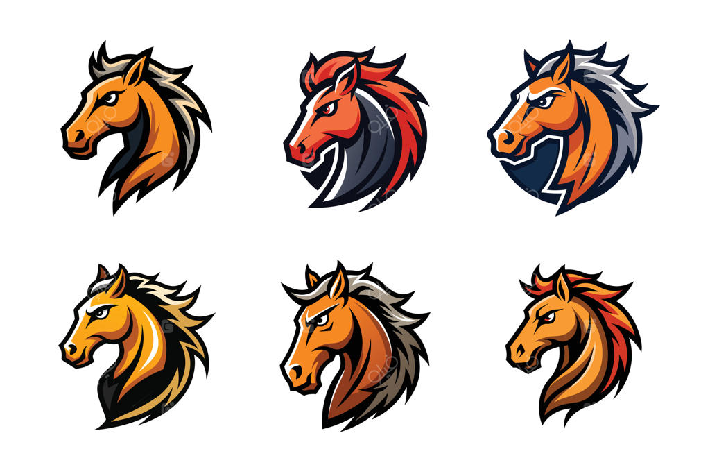 مجموعه مسکات سر اسب، اسب‌های کارتونی و ورزشی در پس‌زمینه سفید