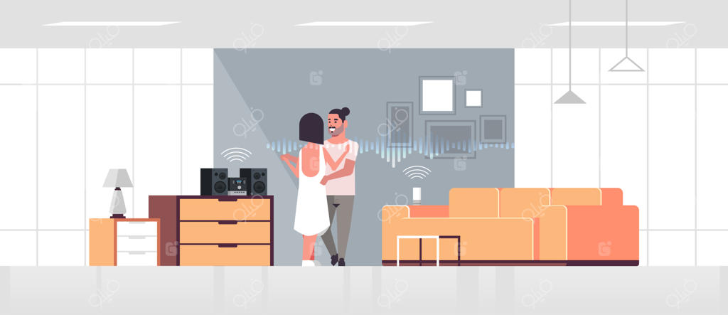 زوجی در حال استفاده از سیستم استریو پیشرفته با کنترل اسپیکر هوشمند